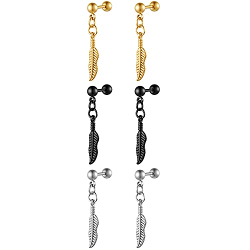 JewelryWe Schmuck 3 Paare Damen Ohrringe mit Feder Blatt Anhänger Edelstahl Fake Plug Ohrstecker Ohrpiercing für Männer Silber Gold Schwarz von JewelryWe