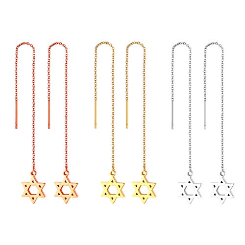 JewelryWe Davidstern Durchzieher Ohrringe Damen: 3 Paar Edelstahl Hexagramm Einfädler Ohrringe Lange Kette Ohr Linie Hängend Quaste Ohrhänger Baumeln Tropfen Ohrringe Jüdisch Schmuck für Frau Mädchen von JewelryWe