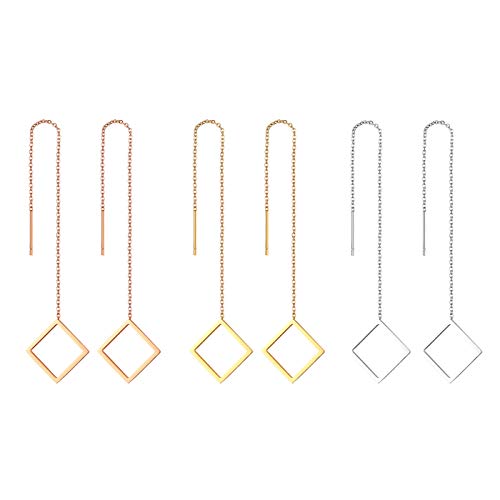 JewelryWe Quadrat Durchzieher Ohrringe Damen: 3 Paar Edelstahl Einfädler Ohrringe Lange Kette Ohr Linie Hängend Quaste Ohrhänger Baumeln Tropfen Ohrringe Schmuck Geschenk für Frauen Mädchen von JewelryWe