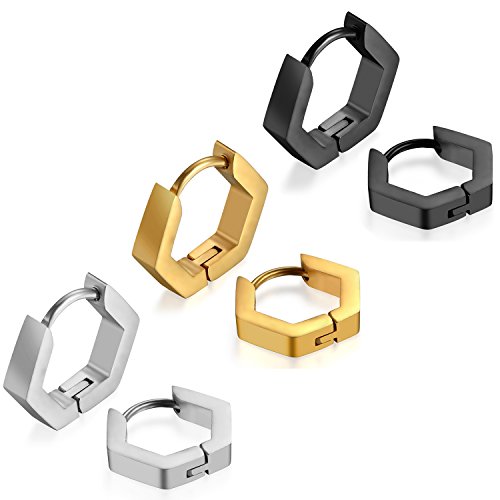 JewelryWe Schmuck 3 Paare Herren Damen Creolen Ohrringe, Edelstahl Geometrisch Sechseck Hexagon Ohrstecker Ohrhänger Ohrschmuck Ohrklemmen, Silber Schwarz Gold von JewelryWe