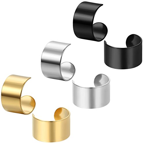 JewelryWe Schmuck 3 Paare Herren Damen Creolen Ohrringe, Poliert Ohne Loch Fake Ohrstecker Ohrclip Ohrstulpe, Edelstahl, Schwarz Gold Silber von JewelryWe