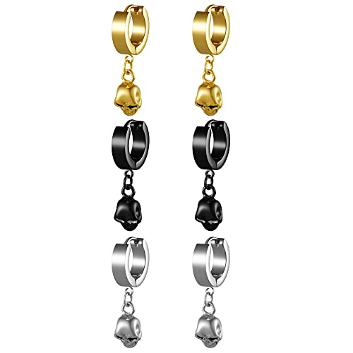 JewelryWe Schmuck 3 Paare Herren Damen Creolen Ohrringe mit Totenkopf Schädel Anhänger, Edelstahl Ohrstecker Ohrpiercing Silber Gold Schwarz Halloween Geschenk von JewelryWe