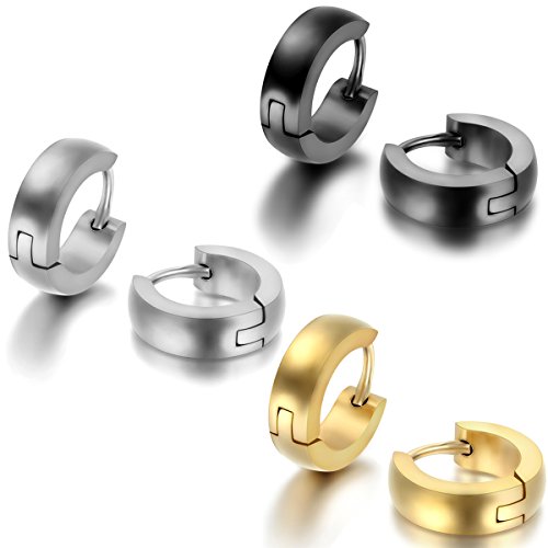 JewelryWe Schmuck 3 Paare Herren Damen Ohrringe, Creolen Ohrstecker, Edelstahl, Silber Schwarz Gold von JewelryWe