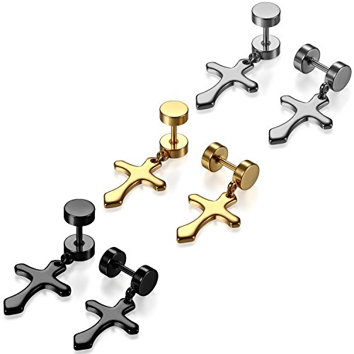 JewelryWe Schmuck 3 Paare Herren Damen Ohrringe, Edelstahl Ohrstecker Kreuz Ohrhänger Ohrpiercing, Silber Gold Schwarz von JewelryWe