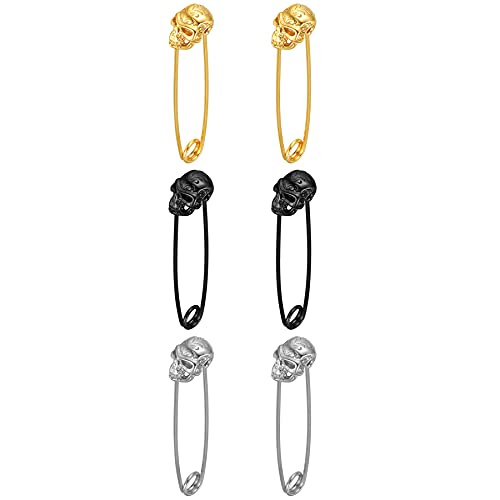 JewelryWe Schmuck 3 Paare Herren Damen Ohrringe Edelstahl Sicherheitsnadel Ohrstecker mit Löwenkopf Löwe Wolfkopf Totenkopf Schädel Ohrpiercing Silber Gold Schwarz von JewelryWe