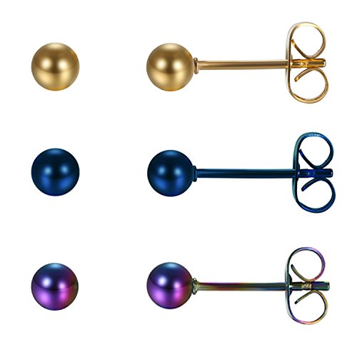 JewelryWe 3 Paare Runde Ohrstecker Set: Herren Damen Edelstahl Kugel Perlen Ohrringe Kleine Ohrstecker Ohrpiercing Ohrschmuck Geschenk 3mm Gold Blau Regenbogen Farbig von JewelryWe