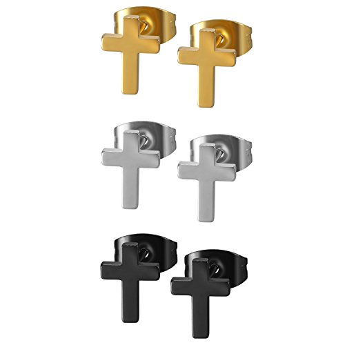 JewelryWe Kreuz Ohrstecker Ohrringe aus Edelstahl: 3 Paar 8mm Minimalistische Kruzifix Gestüt Ohrringe Unisex Kreuz Stecker Klein Schlicht Hypoallergen Ohrschmuck für Herren Damen Schwarz/Gold/Silber von JewelryWe