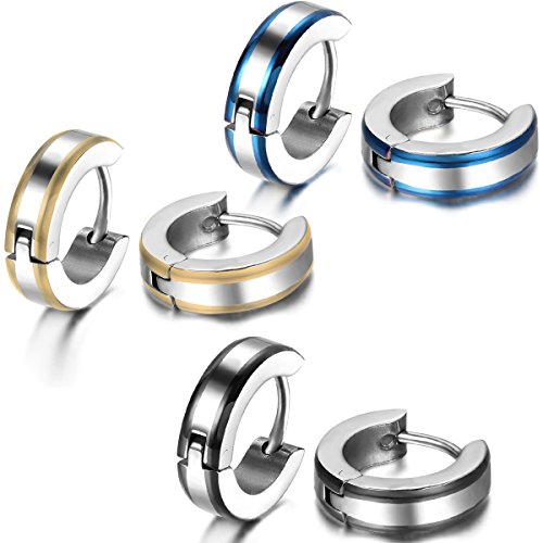 JewelryWe Schmuck 3 Paare Herren Ohrringe, 4MM Breit Einfach Glatt Creolen Ohrstecker, Edelstahl, Schwarz Gold Blau Silber von JewelryWe