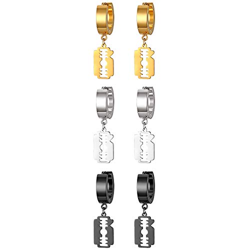 JewelryWe Schmuck 3 Paare Herren Ohrringe Edelstahl Creolen mit Rasierklinge Anhänger Trendy Punk Ohrstecker Ohrhänger Piercing, Schwarz Gold Silber JewelryWe Schmuck 3 Paare Herren Ohrringe Edelstahl Creolen mit Rasierklinge Anhänger Trendy Punk Ohrstecker Ohrhänger Piercing, Schwarz Gold Silber von JewelryWe