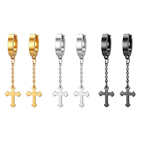 JewelryWe 3 Paare Kreuz Ohrringe Set: Herren Damen Edelstahl Creolen Huggie Ohr Manschette Ohrstecker Ohrpiercings mit Kette Baumelnde Kreuz Anhänger Hängende Ohrringe gold schwarz silber von JewelryWe