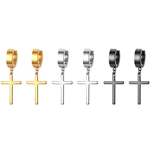 JewelryWe 3 Paare Kreuz Ohrringe Set: Herren Damen Edelstahl Creolen Huggie Ohr Manschette Ohrstecker Ohrhänger Ohrpiercing mit Kreuz Anhänger gold schwarz silber von JewelryWe