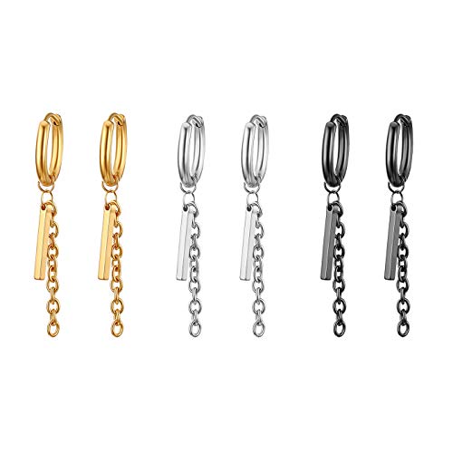 JewelryWe Creolen Ohrringe Herren Damen: 3 Paar Set Edelstahl Creolen Huggie Ohr Manschette Ohrstecker Ohrhänger mit Lange Kette Quader Bar Anhänger Unisex Hängende Ohrringe gold schwarz silber von JewelryWe