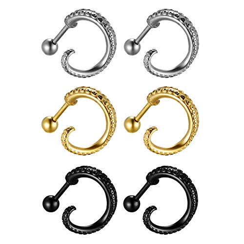 JewelryWe Schmuck 3 Paare Herren Ohrstecker Damen Edelstahl Octopus Tentakel Ohrringe Ohrpiercing Vatertag Muttertag Geschenk von JewelryWe