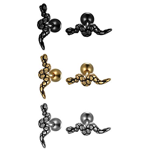 JewelryWe Schlange Knorpel Ohrstecker Edelstahl: 3 Paar Herren Damen Schlange Tragus Ohrringe Helix Conch Ohr Piercings Knorpelpiercing Geschenk für Frauen Männer Silber Gold Schwarz von JewelryWe