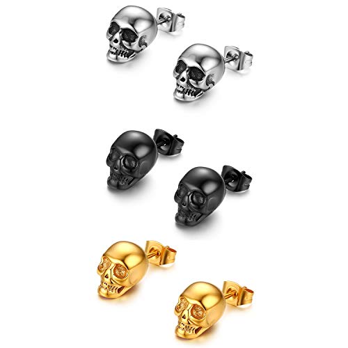 JewelryWe Schmuck 3 Paare Herren Ohrstecker Set, Edelstahl Totenkopf Schädel Punk Rock hip hop Ohrringe Ohr-Piercing für Männer Junge, Gold Silber Schwarz von JewelryWe