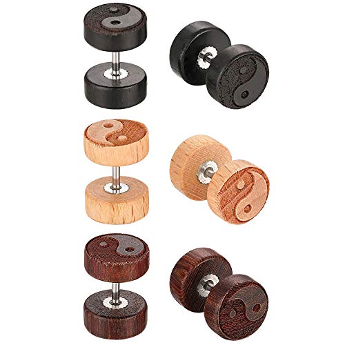 JewelryWe Schmuck 3 Paare Holz Ohrstecker Set Edelstahl Yin Yang Fake Plug Tunnel Barbell Ohrringe Piercing für Herren Damen von JewelryWe