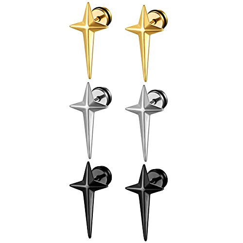 JewelryWe Schmuck 3 Paare Kreuz Ohrstecker Herren Edelstahl Kruzifix Ohrringe Stern Fake Plug Ohrpiercing Silber Gold Schwarz Vatertag Geschenk von JewelryWe