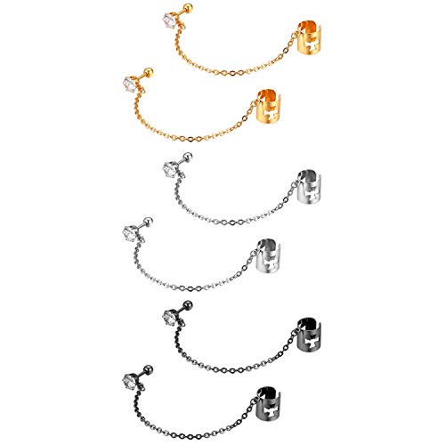 JewelryWe Schmuck 3 Paare Ohrklemme mit Kette Edelstahl Zirkonia Eisernes Kreuz Ohrringe Ohrclips Ohr Manschetten Fake Piercing Ohrstecker für Damen Herren Silber Gold Schwarz von JewelryWe
