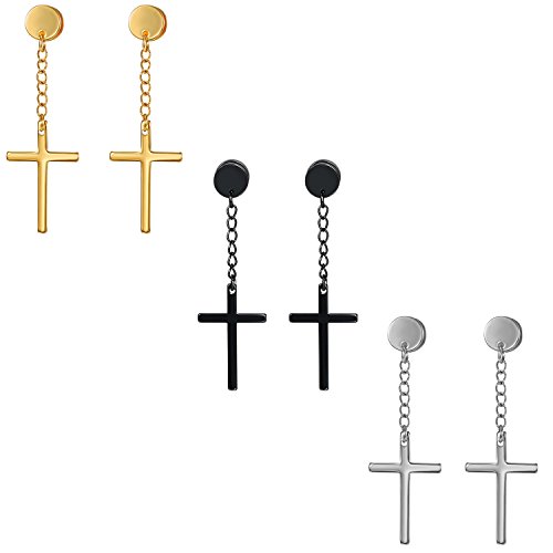 JewelryWe Schmuck 3 Paare Ohrringe, Kreis Ohrstecker mit Baumelnde Kreuz für Herren Damen Jungen, Edelstahl, Schraube Wieder, Silber/Gold/Rosegold von JewelryWe
