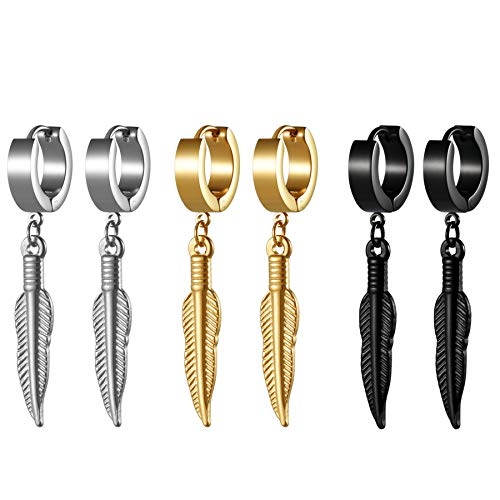 JewelryWe Schmuck 3 Paare Ohrringe Creolen Set Herren mit Feder Blatt Ohrhänger, Edelstahl Ohrstecker Ohrpiercing für Damen, Frauen, Männer Gold Silber Schwarz von JewelryWe
