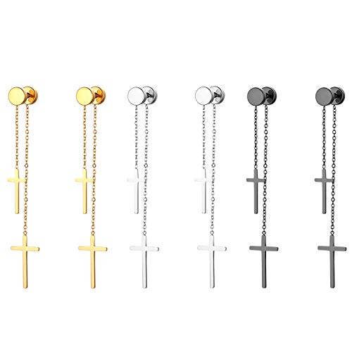 JewelryWe Schmuck 3 Paare Ohrringe Herren Damen Edelstahl Ohrstecker mit doppelt Kreuz Kette Anhänger Fakeplugs Fake Plug Tunnel Ohrringe Ohrhänger Piercing, Schwarz Gold Silber JewelryWe Schmuck 3 Paare Ohrringe Herren Damen Edelstahl Ohrstecker mit doppelt Kreuz Kette Anhänger Fakeplugs Fake Plug Tunnel Ohrringe Ohrhänger Piercing, Schwarz Gold Silber von JewelryWe