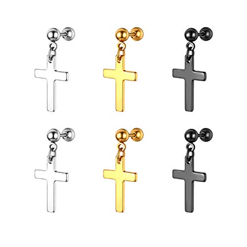 JewelryWe Schmuck 3 Paare Ohrstecker Set Herren Damen Edelstahl Punk Kreuz Ohr Anhänger Ohrpiercing Ohrringe Stud Barbell Schraub Unisex gold/schwarz/silber von JewelryWe
