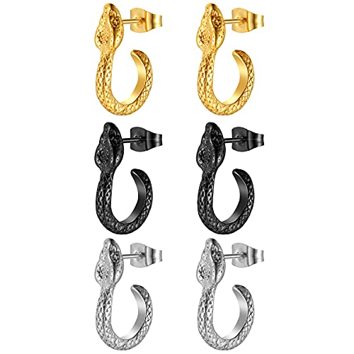 JewelryWe Schmuck 3 Paare Schlange Ohrringe Herren Edelstahl Tier Ohrstecker Ohrpiercing Silber Gold Schwarz Vatertag Geschenk von JewelryWe