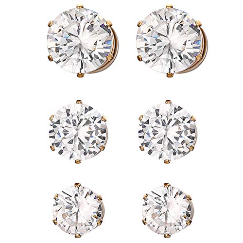 JewelryWe Schmuck 3 Paare Set Magnet Ohrringe für Herren Damen, Edelstahl Rund Zirkonia Magnetische Ohrstecker Fake Plug Tunnel Ohrclip Non-piercing Clips Ohne Ohrloch Gold 6-8mm von JewelryWe