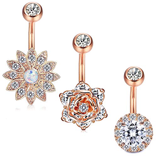 JewelryWe Schmuck 3pcs Bauchnabelpiercing Bauchnabel Ringe Edelstahl Zirkonia Bauch Ringe Gebogen Nabel Barbell Piercing Blume für Damen, Rosegold von JewelryWe