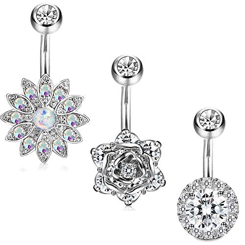JewelryWe Schmuck 3 Stück Bauchnabelpiercing Bauchnabel Ringe Edelstahl Zirkonia Bauch Ringe Gebogen Nabel Barbell Piercing Blume für Damen, Silber von JewelryWe