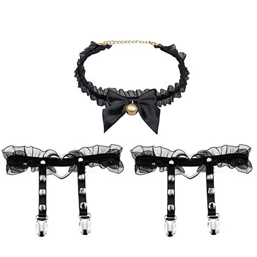 JewelryWe Leder Strumpfband Halsband 3er Set: Damen Gothic Spitze Herz Bogenknoten Choker Halskette Oberschenkel Strumpfgürtel Harness Suspender Strapsbänder Ledergeschirr Kette Verstellbar Schwarz von JewelryWe
