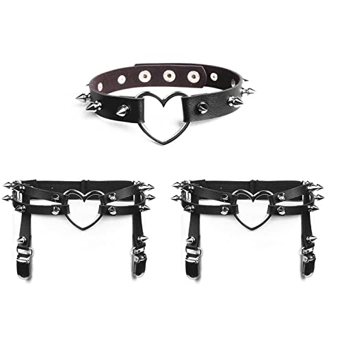 JewelryWe Schmuck 3 Stück Leder Strumpfband Halsband Set Damen Gotik Punk Herz Spike Nieten Choker Halskette Oberschenkel Strumpfgürtel Harness Suspender Strapsbänder Ledergeschirr Verstellbar von JewelryWe