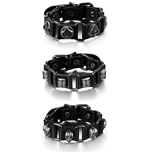 JewelryWe Schmuck 3PCS Herren Armband Pik-Ass Poker Totenkopf Schädel Lederarmband Manschette Armreif Schwarz Braun Tribal Punk Geschenk von JewelryWe