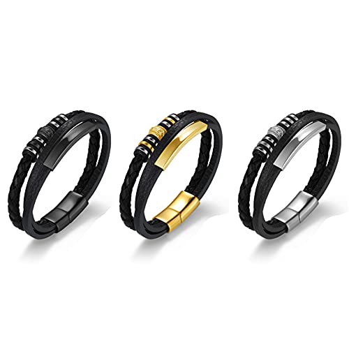 JewelryWe Schmuck 3PCS Herren Armband mit Gravur Personalisierte Geflochten Lederarmband Verstellbar Armreif Manschette Silber Gold Schwarz von JewelryWe