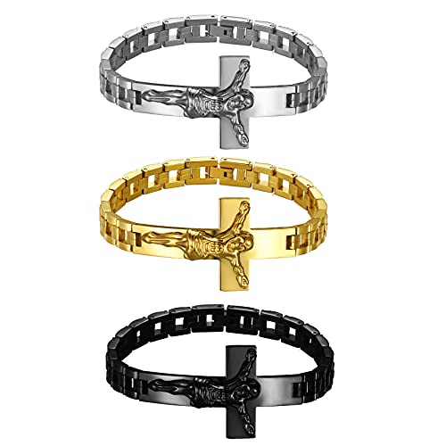 JewelryWe Schmuck 3PCS Herren Armband mit Jesus Christus Kreuz Edelstahl Kruzifix Biker Link Handgelenk Armreif Armspange von JewelryWe