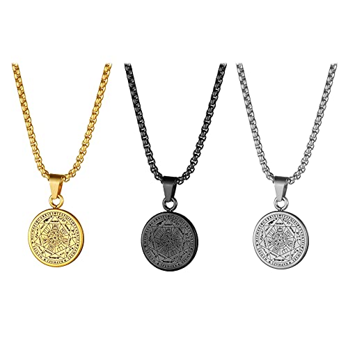 JewelryWe Schmuck 3PCS Herren Halskette mit Siegel der Sieben Erzengel Anhänger Retro Edelstahl Medaille Kette Silber Gold Schwarz von JewelryWe