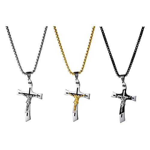 JewelryWe Schmuck 3PCS Herren Kreuz Halskette mit Edelstahl INRI Kruzifix Jesus Christus Anhänger & Weizenkette Gold Silber Schwarz von JewelryWe
