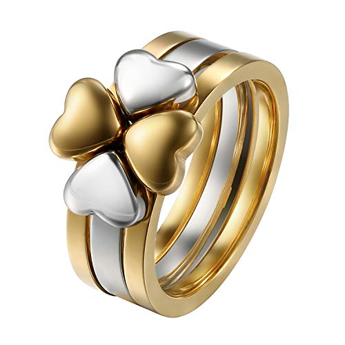 JewelryWe Schmuck 3in1 Damen-Ring Edelstahl Liebe Herz Klee vierblättriges Kleeblatt Glücksklee Verlobungsringe Hochzeit Versprechen Ringe Band mit Gravur Gold Silber Größe 52 von JewelryWe