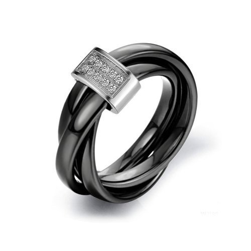 JewelryWe Schmuck 3mm Breite Schwarz Keramik Damen-Ring mit Silber Edelstahl Trizyklische Verlobungsring Hochzeit Band Größe 52 von JewelryWe
