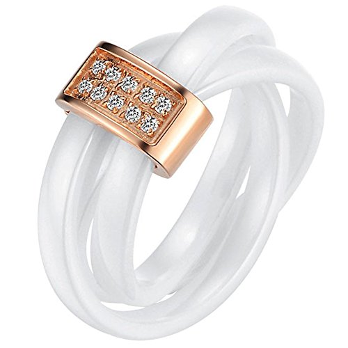 JewelryWe Schmuck 3mm Breite Weiss Keramik Damen-Ring mit Rose Gold Edelstahl Trizyklische Verlobungsring Hochzeit Band Größe 54 von JewelryWe