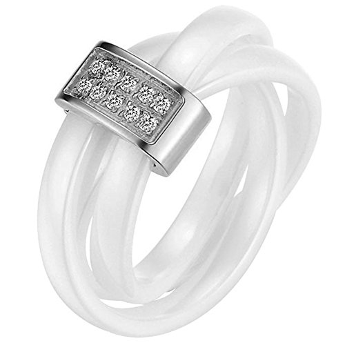 JewelryWe Schmuck 3mm Breite Weiss Keramik Damen-Ring mit Silber Edelstahl Trizyklische Verlobungsring Hochzeit Band Größe 62 von JewelryWe