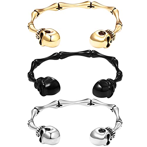 JewelryWe Schmuck 3pcs Armreifen Herren Gotik Punk Gegenüber Totenkopf Schädel Edelstahl Offen Armband Armspange Geschenk für Männer Silber Schwarz Gold von JewelryWe