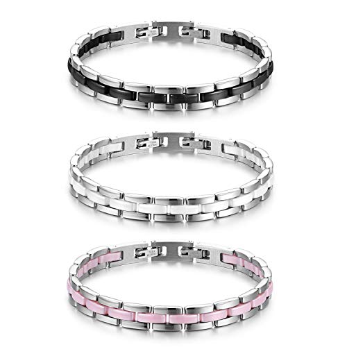 JewelryWe Schmuck 3pcs Damen Armband Edelstahl Keramik I Rechteck Link Gliederarmband Armkette Armreif Schwarz/Weiß/Pink Silber von JewelryWe