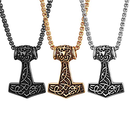 JewelryWe Schmuck 3pcs Edelstahl Thor Hammer Thorshammer Anhänger Halskette Retro Kettenanhänger mit 56cm Kette für Herren, Silber Gold Schwarz von JewelryWe