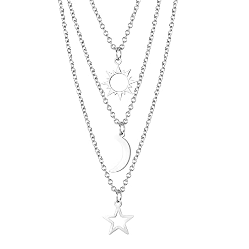 JewelryWe Schmuck 3pcs Freundschaftskette Bester Freund Halskette Edelstahl Kette mit Sonne Mond Sterne Anhänger Freundschaft Geschenk für Schwester Frauen Mädchen Silber von JewelryWe