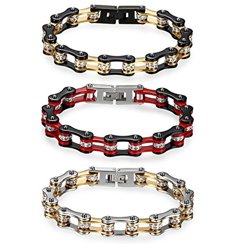 JewelryWe Schmuck 3pcs Herren Armband, Top-Qualität Fahrradkette Motorradkette Hochglanz Poliert Armkette, Edelstahl Strass, Schwarz Gold Rot Silber von JewelryWe