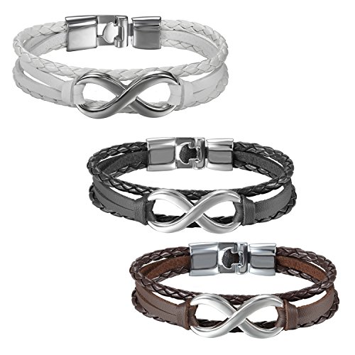 JewelryWe Schmuck 3pcs Herren Damen Armband, Lieben Infinity Zeichen Geflochten Armreif, Leder Legierung, braun schwarz Weiss von JewelryWe