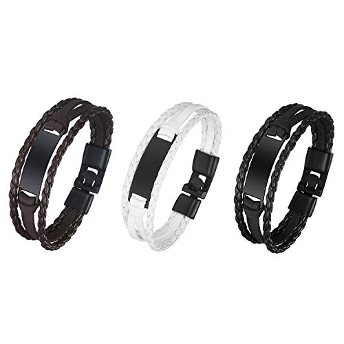 JewelryWe Lederarmband Herren Leder Armband: 3pcs Mehrschichtig Geflochten Manschette Armreif Armspange mit Schwarz Edelstahl Gravurplatte Vintage Wickelarmband Schmuck Geschenk für Männer Frauen von JewelryWe