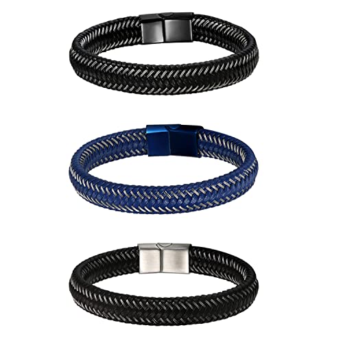 JewelryWe Schmuck 3pcs Jazz Herren Reines Leder Armband Edelstahl Magnetverschluss Größe einstellbar 8,2 "-8,7" (21-22cm) mit Kostenloser Geschenkpackung, Blau Schwarz Silber von JewelryWe