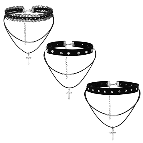 JewelryWe Schmuck 3pcs Kreuz Choker Kette Damen Gothic Nieten Spikes Stretch Spitze Samt Leder Halsband Geschichtet Halskette Kragen Lederband Schwarz von JewelryWe